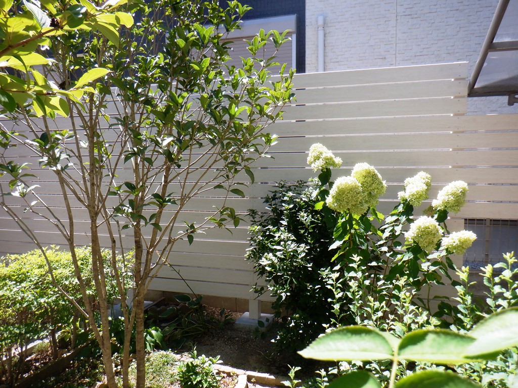 ホワイトカラーのアルミ板材フェンスでお庭の背景を演出　郡山市 Ｏ様邸